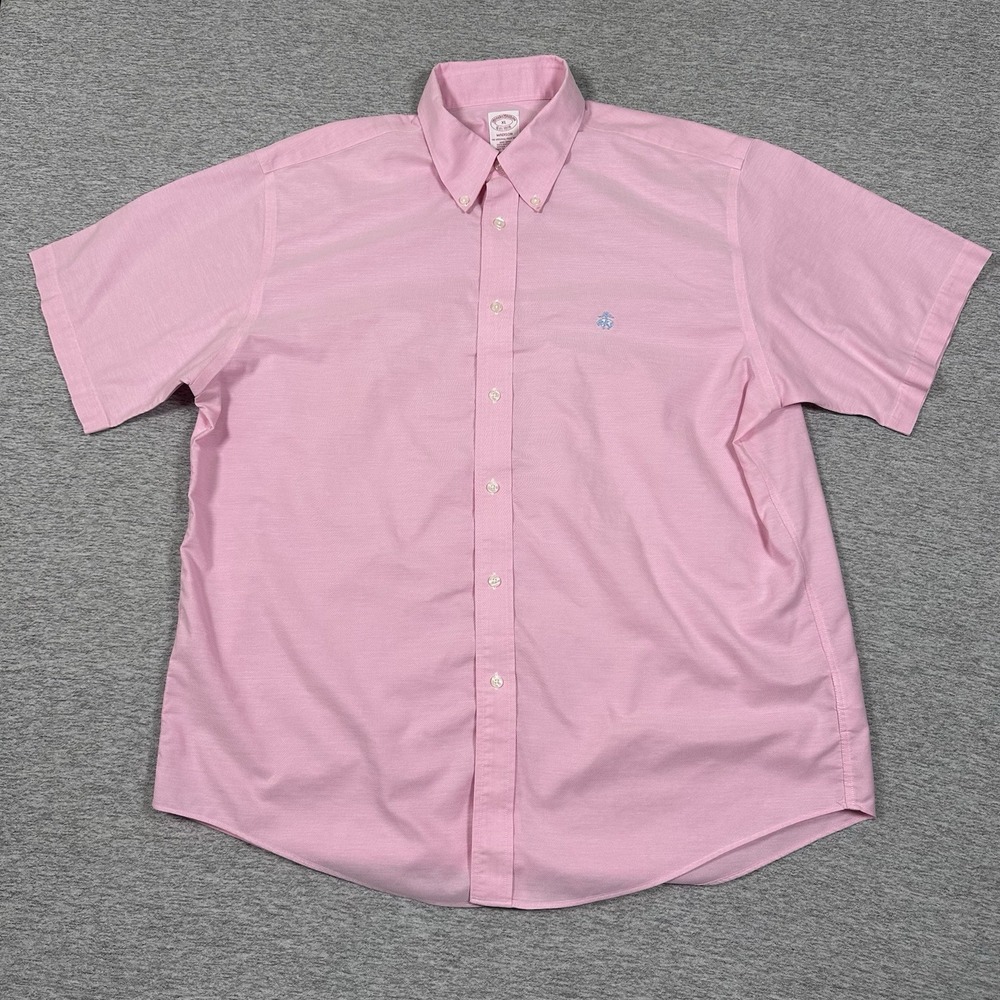 Brooks Brothers Shirt Mens Size XL Pink Madison Short Sleeve Button Down STAIN - Picture 3 of 8